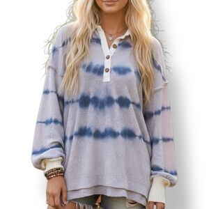 Free People Blue and Cream V-Neck Sweater